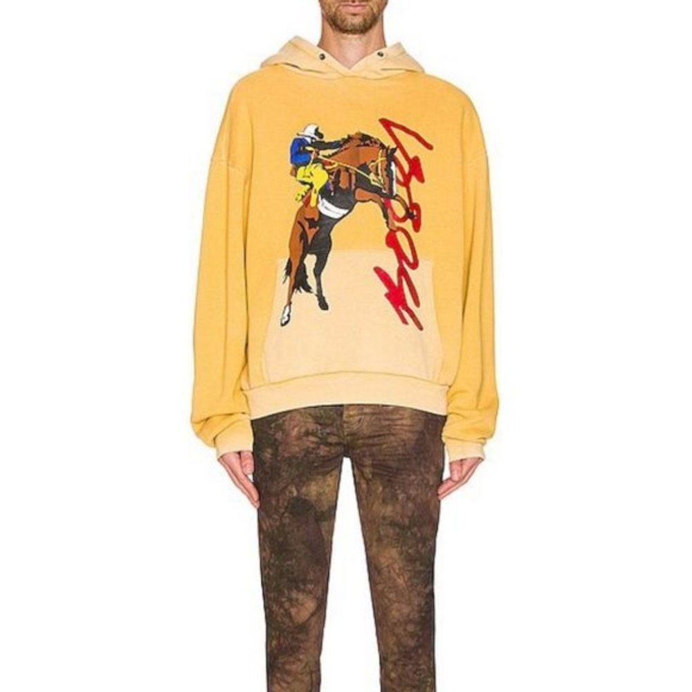 Bossi Cowboy Hoodie Mustard Western Print Oversized Mens XL Yellow Unisex Loose